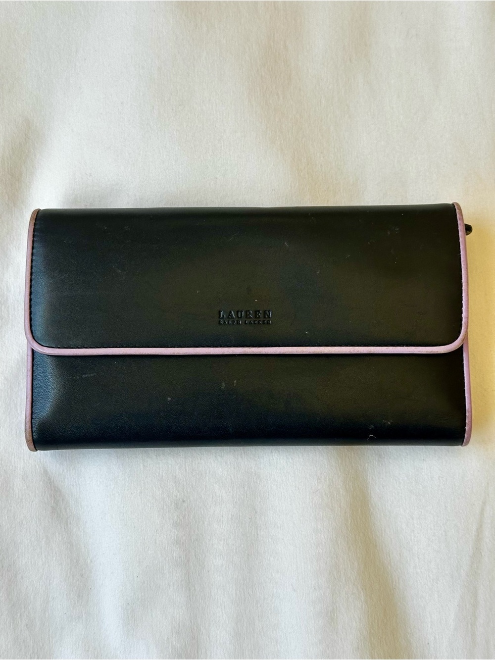 LAUREN RALPH LAUREN Black Leather Continental Wallet Clutch Purple Trim